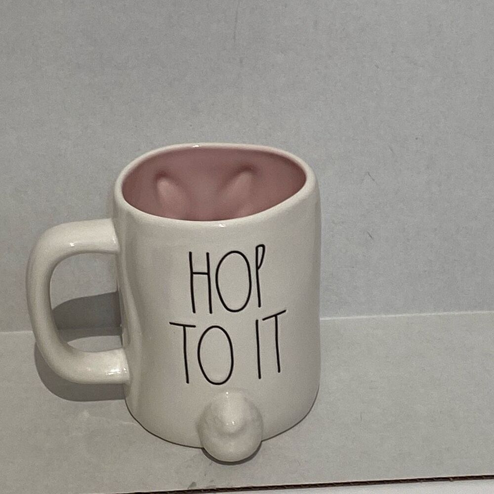Rae Dunn Magenta White Pink Interior Hop To It Easter Bunny Ceramic Coffee Mug